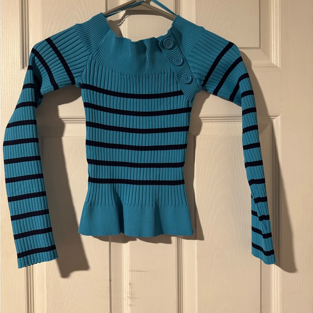 Urban Outfitters Teal and Black Striped Off-the-Shoulder Sweater